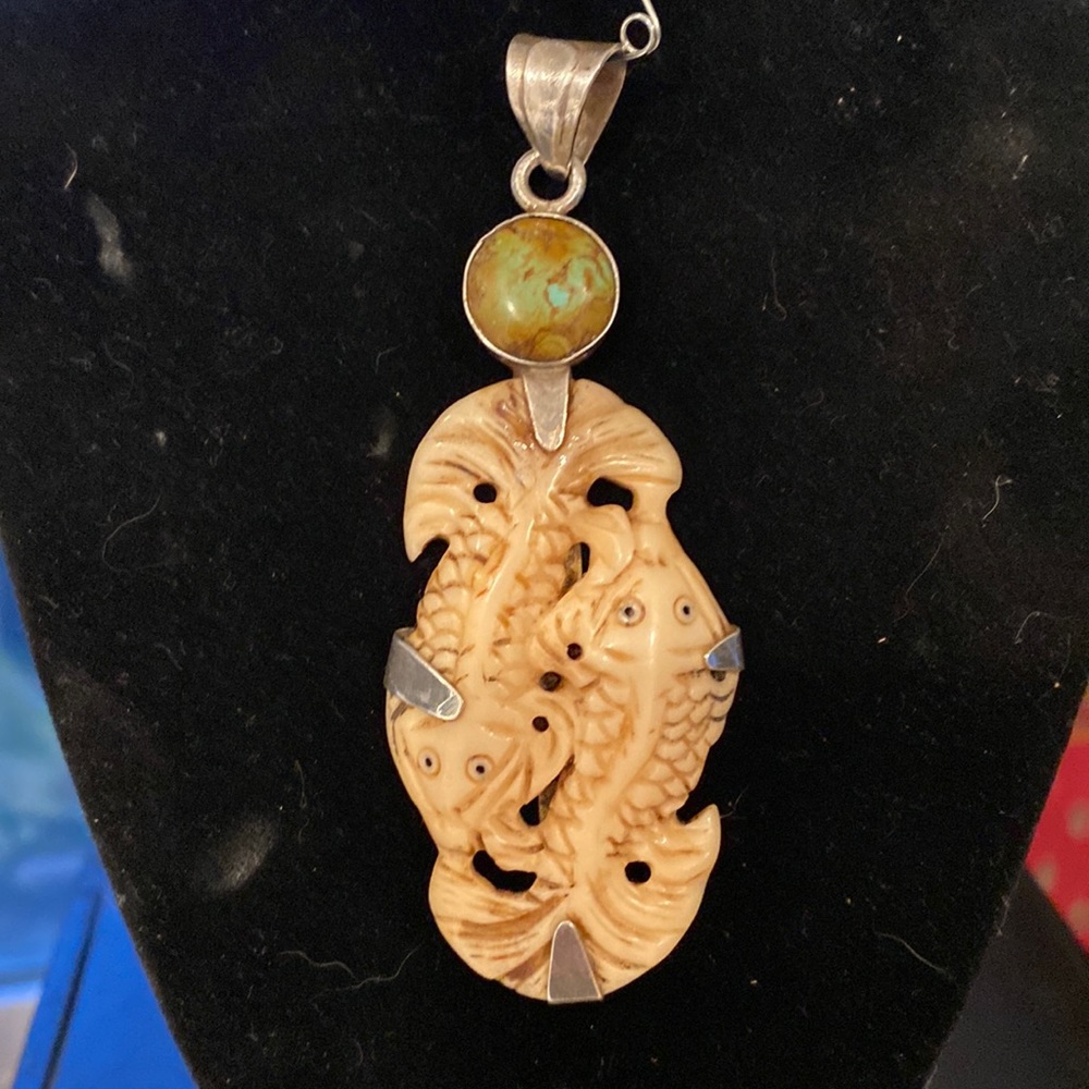 Carved Fish Pendant with Turquoise, Sterling